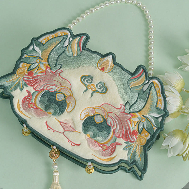 Double-sided Mythical Beast Bai Ze Embroidery Pearl Chain Tassel Shoulder Bag Crossbody Bag - Image 2
