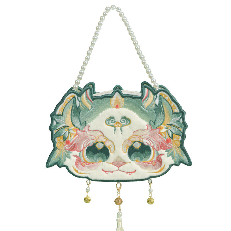 Double-sided Mythical Beast Bai Ze Embroidery Pearl Chain Tassel Shoulder Bag Crossbody Bag - Image 6