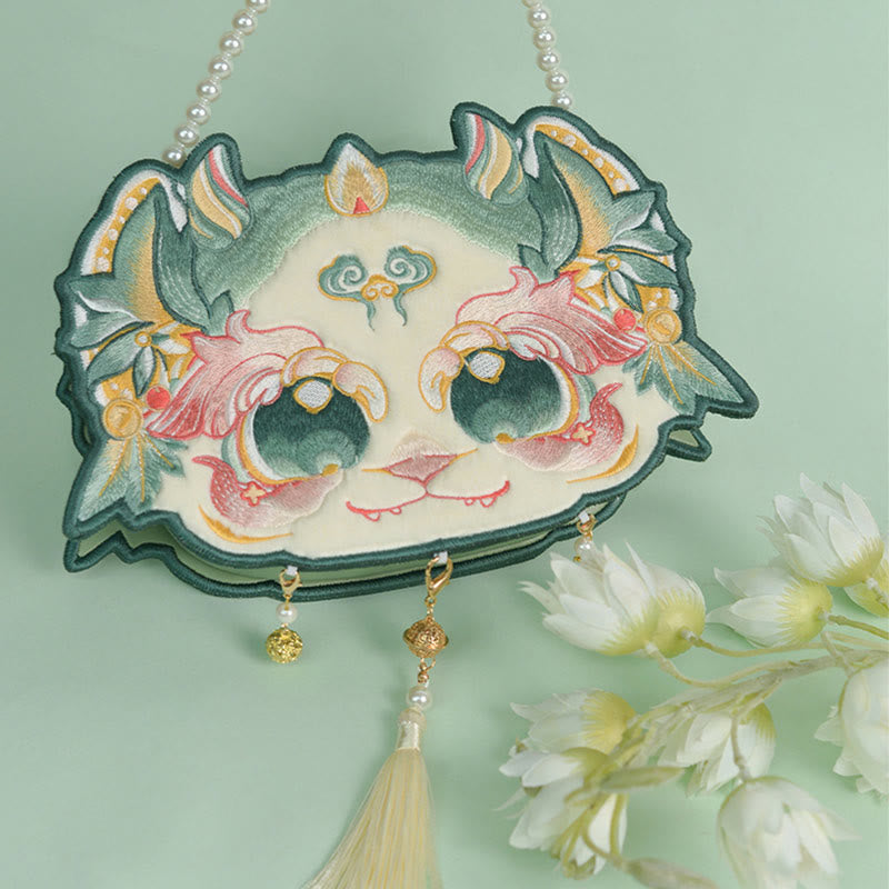 Double-sided Mythical Beast Bai Ze Embroidery Pearl Chain Tassel Shoulder Bag Crossbody Bag - Image 3