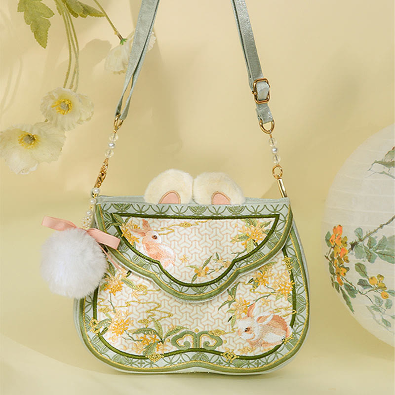 Osmanthus Rabbit Embroidery Pearl Chain Furball Tassel Shoulder Bag Crossbody Bag - Image 3