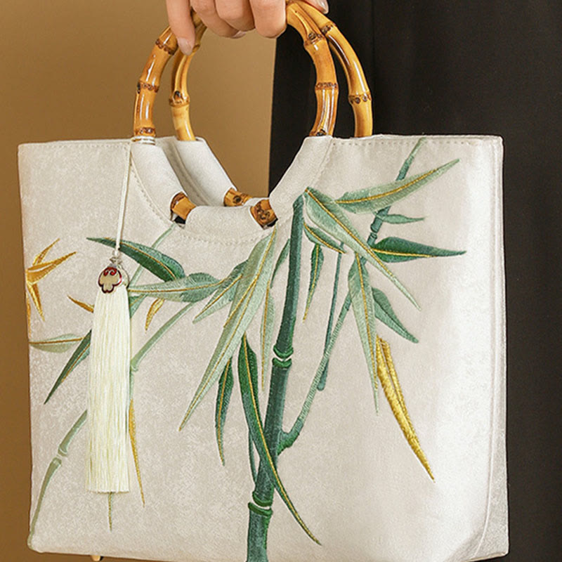 Embroidery Bamboo Handle Tassel Handbags - Image 4