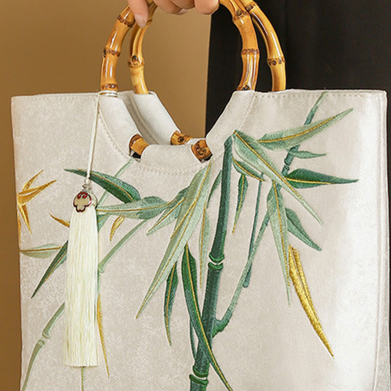 Embroidery Bamboo Handle Tassel Handbags - Image 5