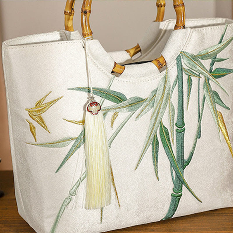 Embroidery Bamboo Handle Tassel Handbags - Image 6