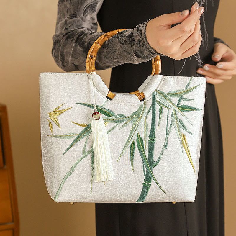 Embroidery Bamboo Handle Tassel Handbags - Image 2