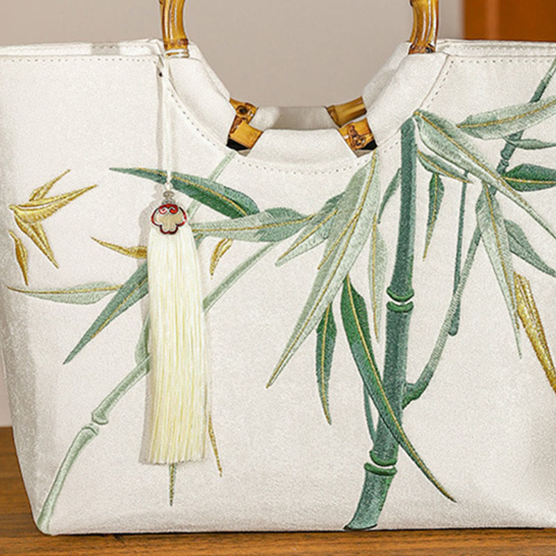 Embroidery Bamboo Handle Tassel Handbags - Image 7