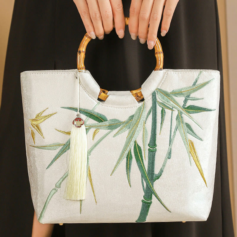 Embroidery Bamboo Handle Tassel Handbags - Image 3