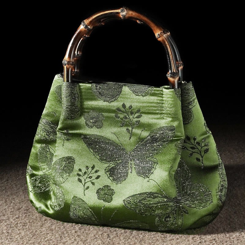 Jacquard Flowers Butterfly Bamboo Handle Metal Chain Crossbody Bag Hangbags - Image 8