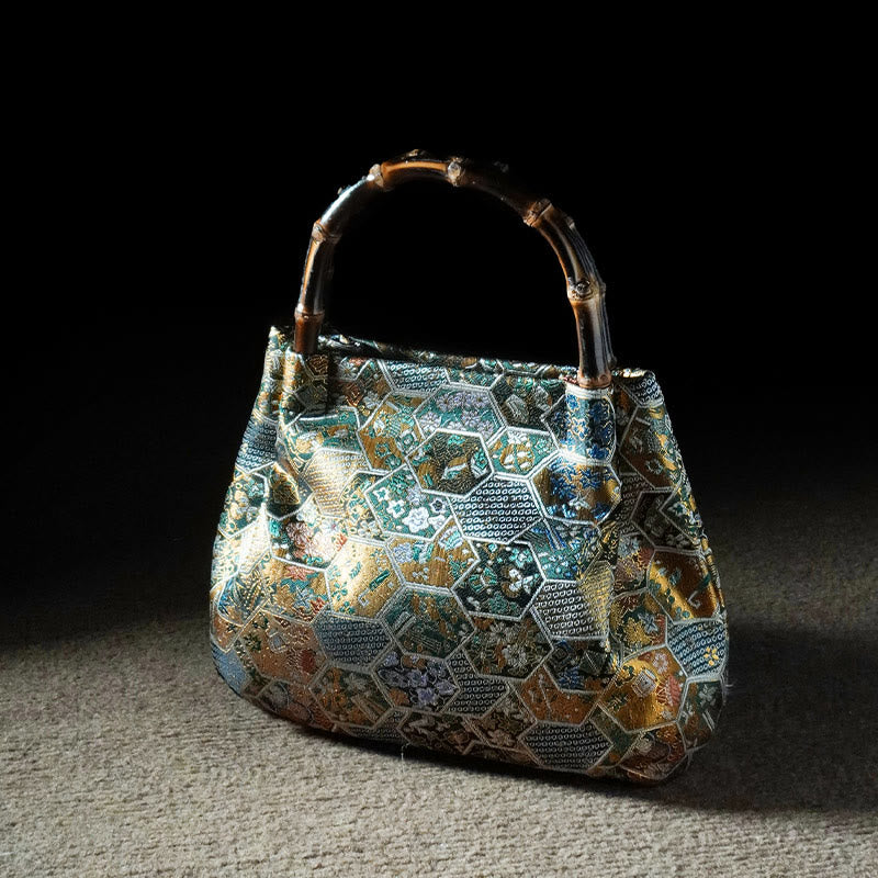 Jacquard Flowers Butterfly Bamboo Handle Metal Chain Crossbody Bag Hangbags - Image 14
