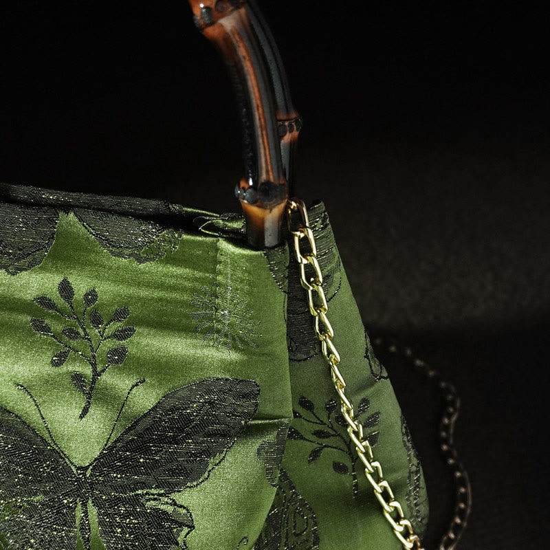 Jacquard Flowers Butterfly Bamboo Handle Metal Chain Crossbody Bag Hangbags - Image 10