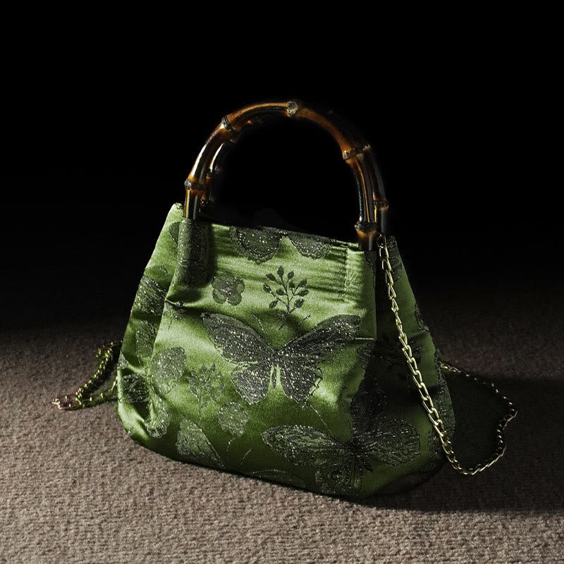 Jacquard Flowers Butterfly Bamboo Handle Metal Chain Crossbody Bag Hangbags - Image 2