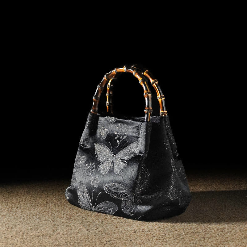 Jacquard Flowers Butterfly Bamboo Handle Metal Chain Crossbody Bag Hangbags - Image 12