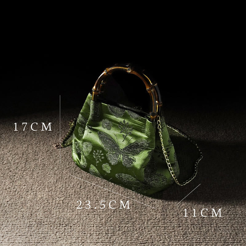 Jacquard Flowers Butterfly Bamboo Handle Metal Chain Crossbody Bag Hangbags - Image 4