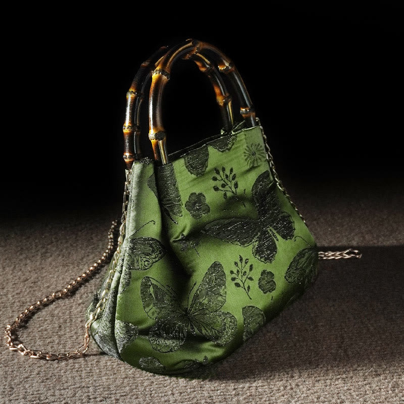 Jacquard Flowers Butterfly Bamboo Handle Metal Chain Crossbody Bag Hangbags - Image 3