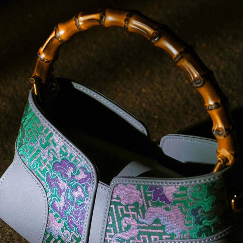 Retro Peony Branches Bamboo Handle Song Brocade Xiangyunsha Silk Crossbody Bag Hangbags - Image 9