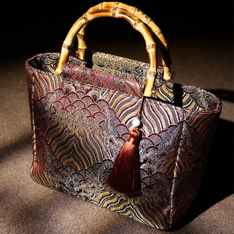 Mountain Seawater Wave Pattern Bamboo Handle Bead Tassel Hangbags - Image 6