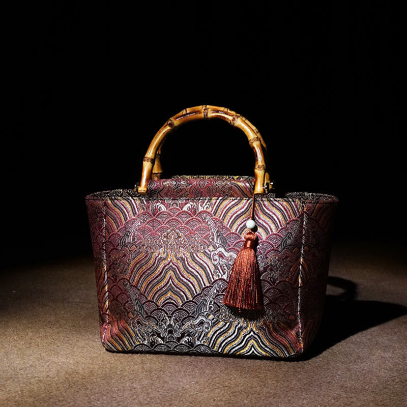 Mountain Seawater Wave Pattern Bamboo Handle Bead Tassel Hangbags - Image 2