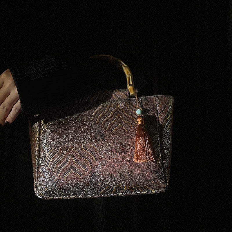 Mountain Seawater Wave Pattern Bamboo Handle Bead Tassel Hangbags - Image 9