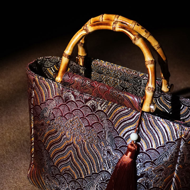 Mountain Seawater Wave Pattern Bamboo Handle Bead Tassel Hangbags - Image 7