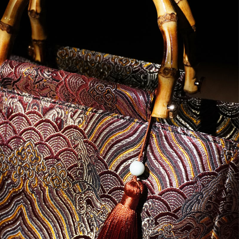 Mountain Seawater Wave Pattern Bamboo Handle Bead Tassel Hangbags - Image 8