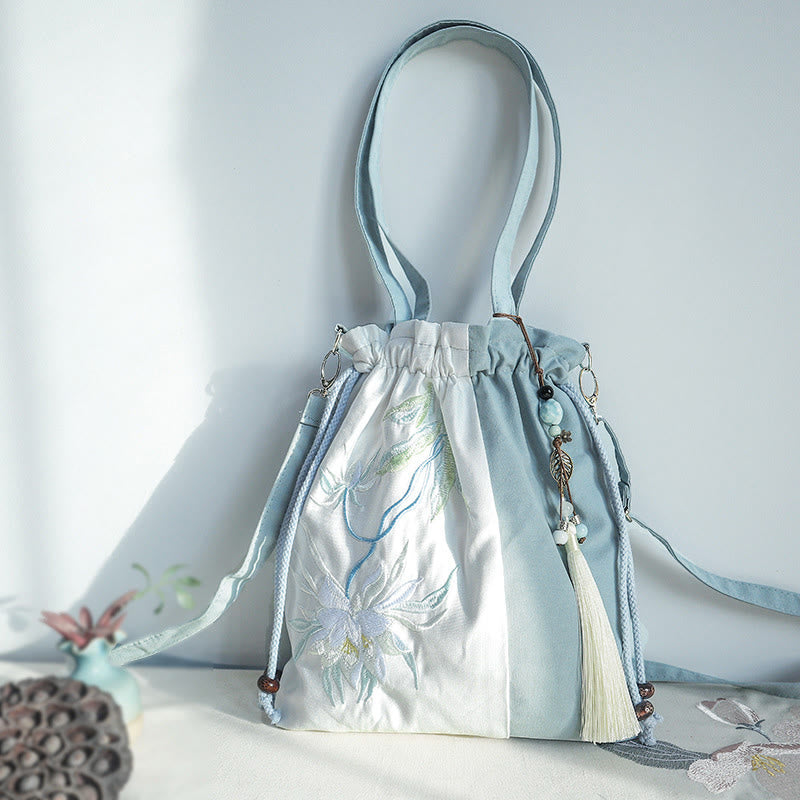 Embroidered Green Pear Blue Epiphyllum Canvas Tote Crossbody Bag Shoulder Bag Handbag - Image 3