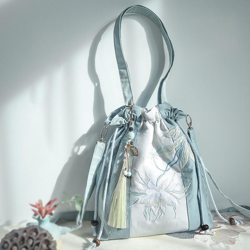 Embroidered Green Pear Blue Epiphyllum Canvas Tote Crossbody Bag Shoulder Bag Handbag - Image 6