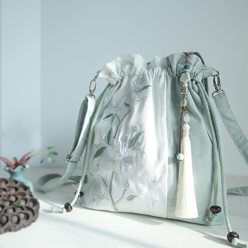 Embroidered Green Pear Blue Epiphyllum Canvas Tote Crossbody Bag Shoulder Bag Handbag - Image 2