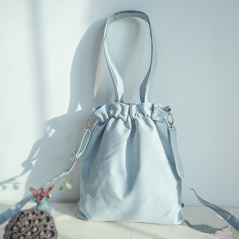 Embroidered Green Pear Blue Epiphyllum Canvas Tote Crossbody Bag Shoulder Bag Handbag - Image 5