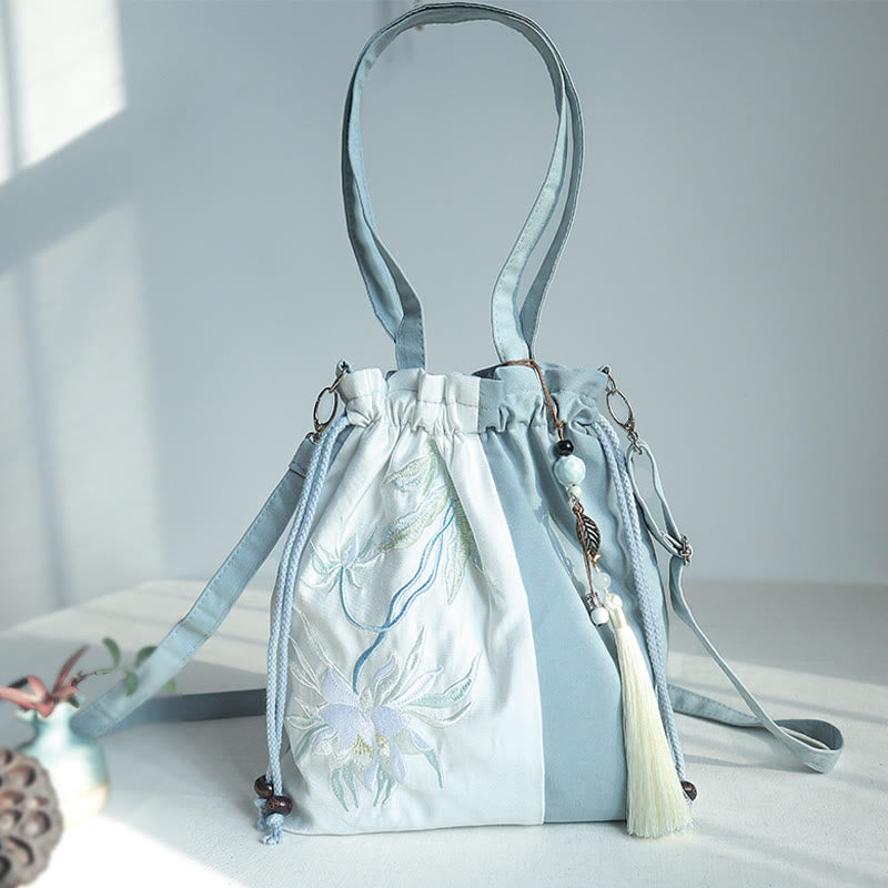 Embroidered Green Pear Blue Epiphyllum Canvas Tote Crossbody Bag Shoulder Bag Handbag - Image 4