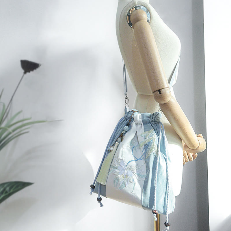 Embroidered Green Pear Blue Epiphyllum Canvas Tote Crossbody Bag Shoulder Bag Handbag - Image 9