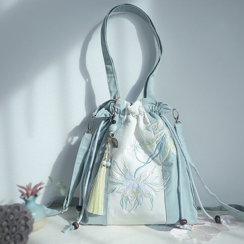 Embroidered Green Pear Blue Epiphyllum Canvas Tote Crossbody Bag Shoulder Bag Handbag - Image 8