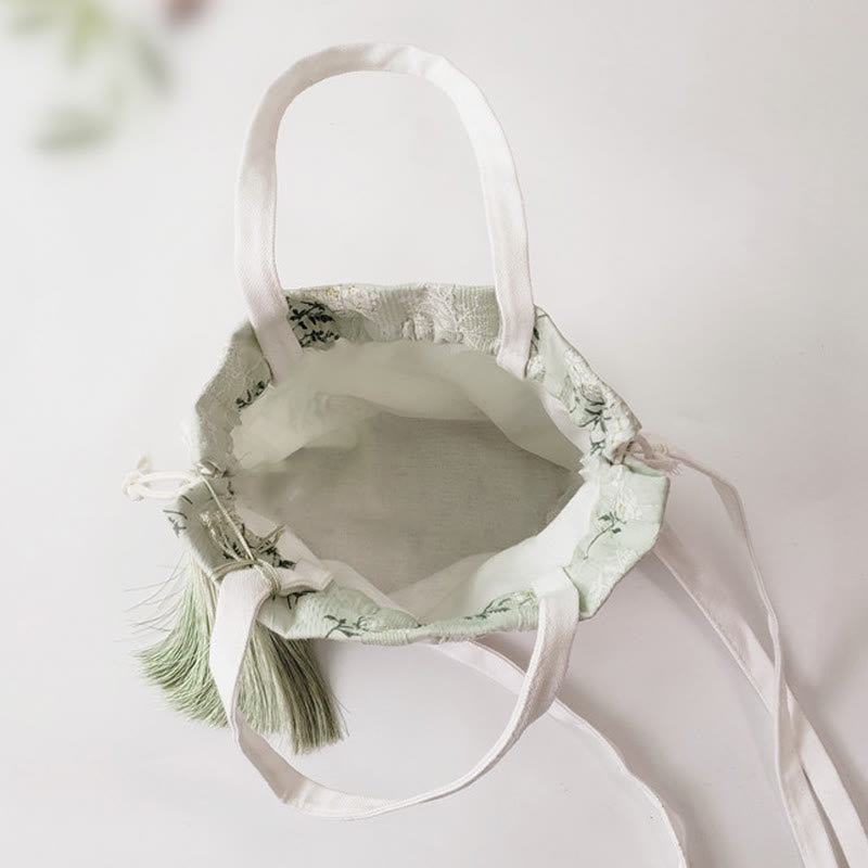 White Flowers Green Leaves Canvas Tote Crossbody Bag Shoulder Bag Handbag - Image 3