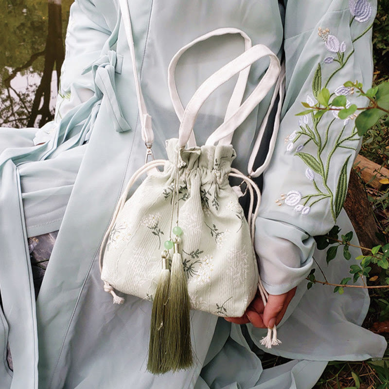 White Flowers Green Leaves Canvas Tote Crossbody Bag Shoulder Bag Handbag - Image 11