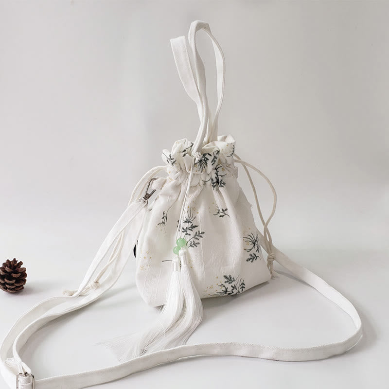 White Flowers Green Leaves Canvas Tote Crossbody Bag Shoulder Bag Handbag - Image 16