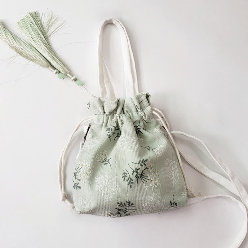 White Flowers Green Leaves Canvas Tote Crossbody Bag Shoulder Bag Handbag - Image 7