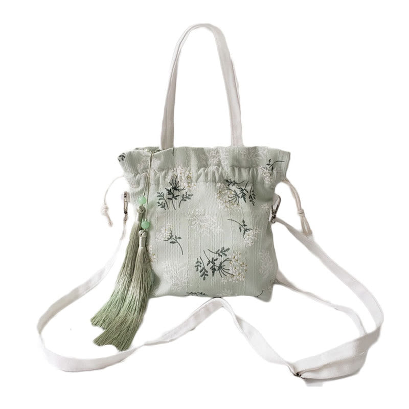 White Flowers Green Leaves Canvas Tote Crossbody Bag Shoulder Bag Handbag - Image 18