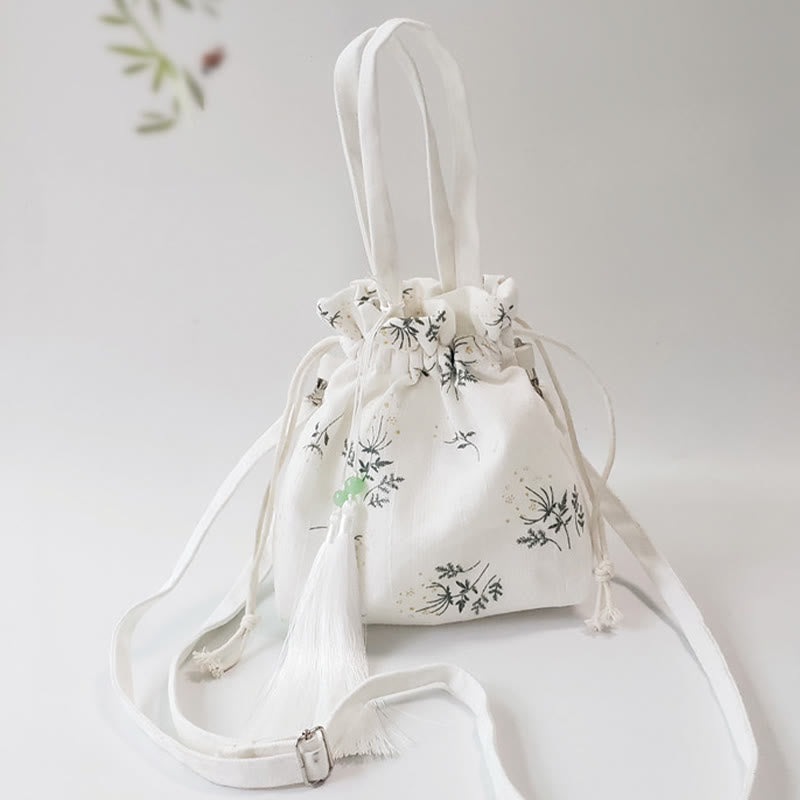 White Flowers Green Leaves Canvas Tote Crossbody Bag Shoulder Bag Handbag - Image 15