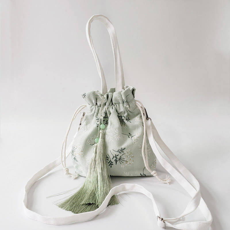 White Flowers Green Leaves Canvas Tote Crossbody Bag Shoulder Bag Handbag - Image 5