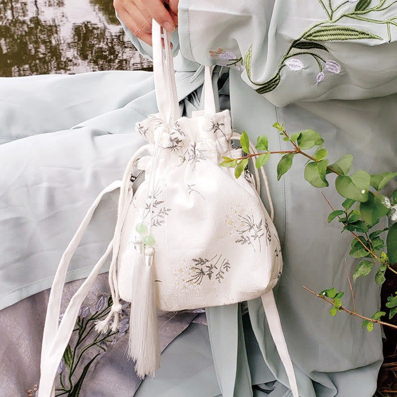 White Flowers Green Leaves Canvas Tote Crossbody Bag Shoulder Bag Handbag - Image 17