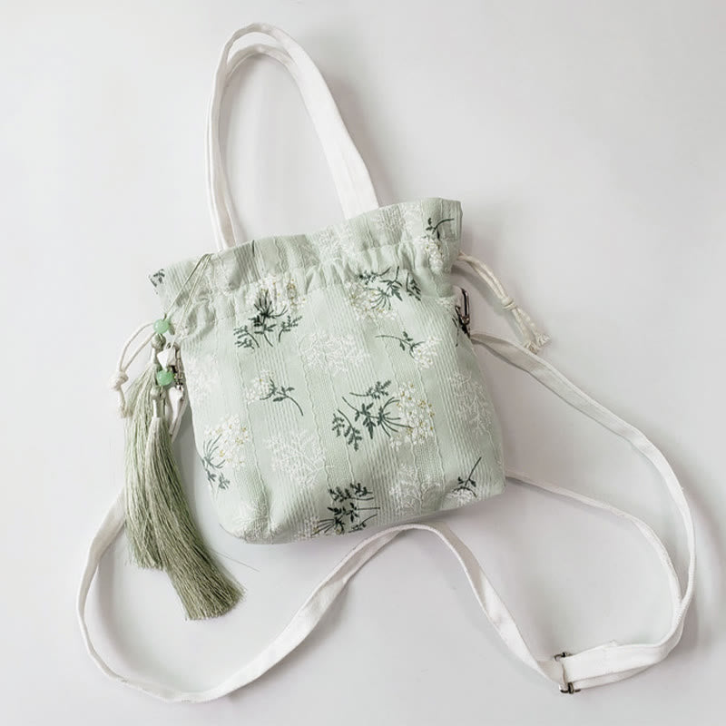 White Flowers Green Leaves Canvas Tote Crossbody Bag Shoulder Bag Handbag - Image 6