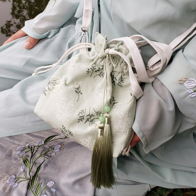 White Flowers Green Leaves Canvas Tote Crossbody Bag Shoulder Bag Handbag - Image 12