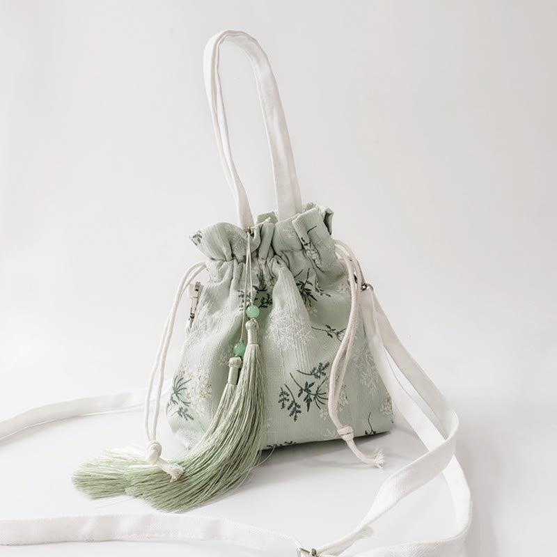 White Flowers Green Leaves Canvas Tote Crossbody Bag Shoulder Bag Handbag - Image 9