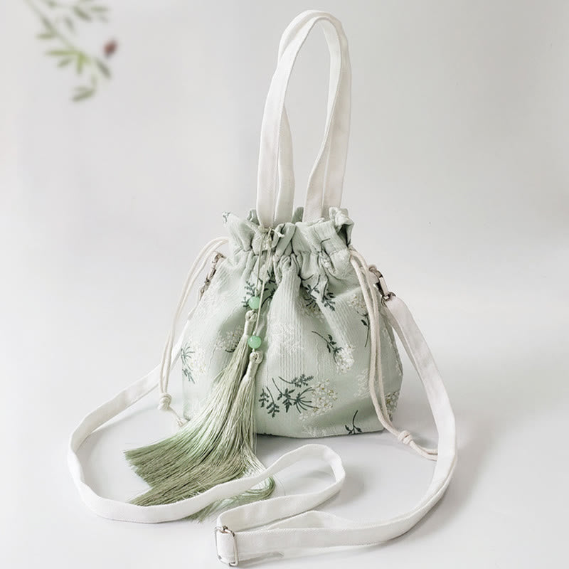 White Flowers Green Leaves Canvas Tote Crossbody Bag Shoulder Bag Handbag - Image 8