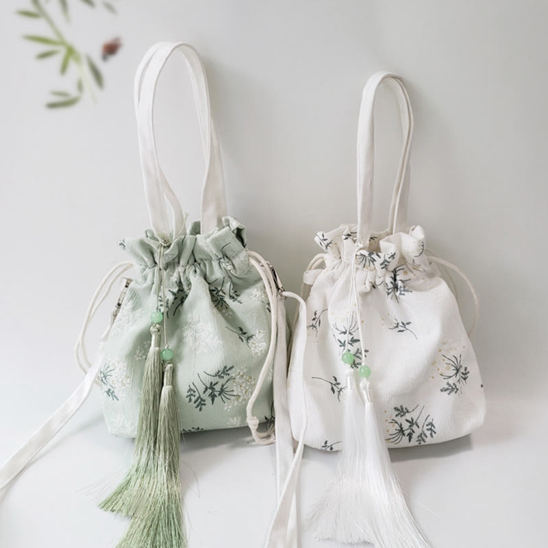 White Flowers Green Leaves Canvas Tote Crossbody Bag Shoulder Bag Handbag - Image 2