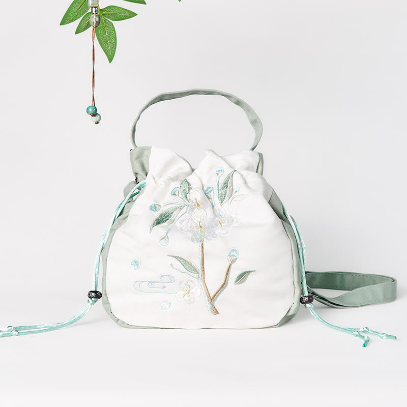 Embroidered Green Pear Blossom Canvas Tote Crossbody Bag Shoulder Bag Handbag - Image 3