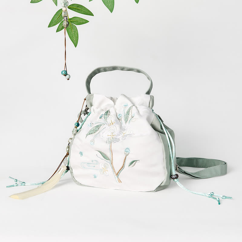 Embroidered Green Pear Blossom Canvas Tote Crossbody Bag Shoulder Bag Handbag - Image 6