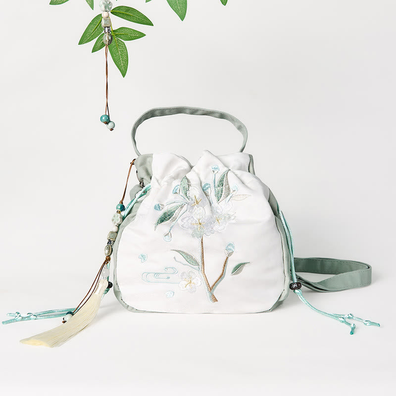 Embroidered Green Pear Blossom Canvas Tote Crossbody Bag Shoulder Bag Handbag - Image 5