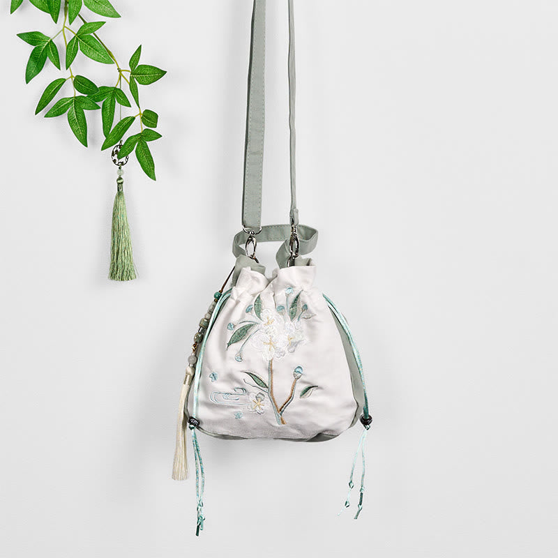 Embroidered Green Pear Blossom Canvas Tote Crossbody Bag Shoulder Bag Handbag - Image 8