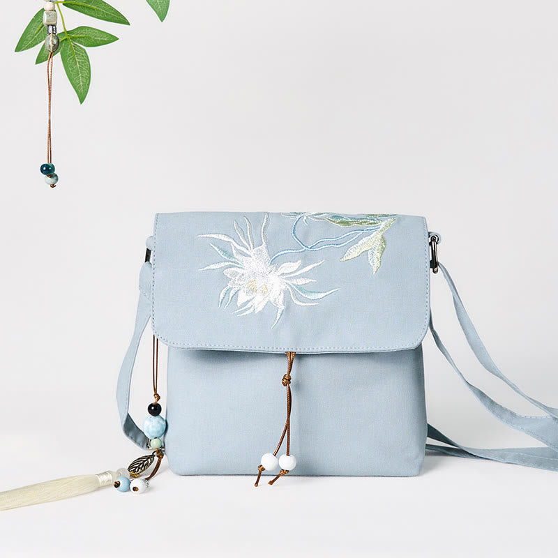Plain Embroidered LightBlue Epiphyllum Cotton Linen Crossbody Bag Shoulder Bag - Image 2