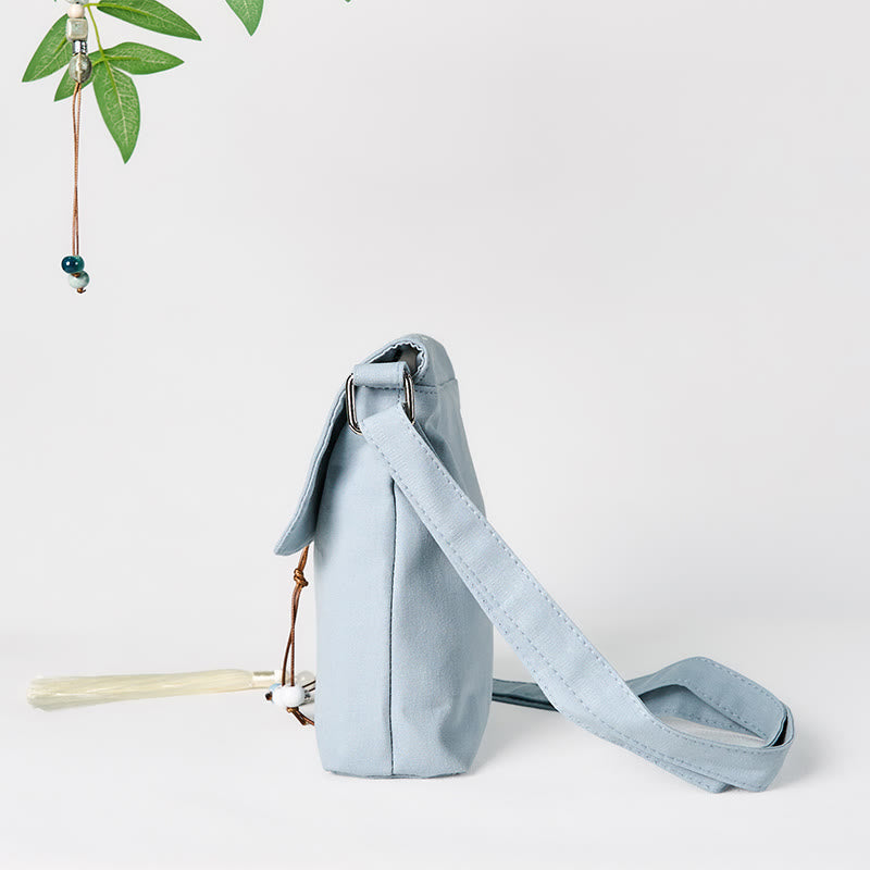Plain Embroidered LightBlue Epiphyllum Cotton Linen Crossbody Bag Shoulder Bag - Image 5