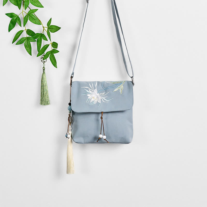 Plain Embroidered LightBlue Epiphyllum Cotton Linen Crossbody Bag Shoulder Bag - Image 8